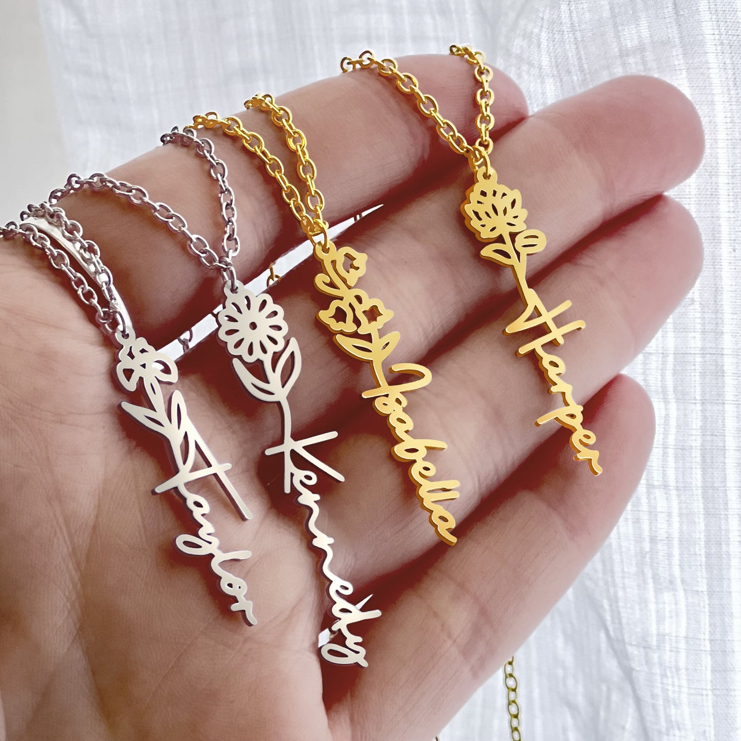 No Rain, No Flowers - Personalized Birth Flower & Name Necklace