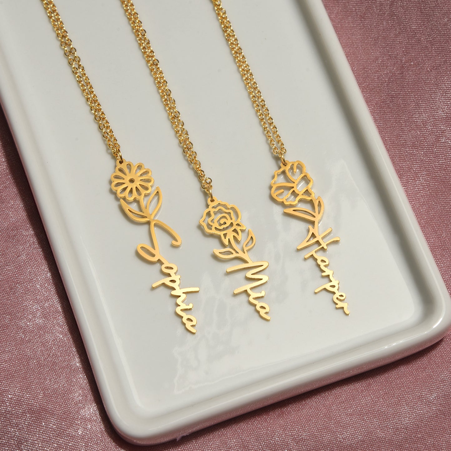 No Rain, No Flowers - Personalized Birth Flower & Name Necklace