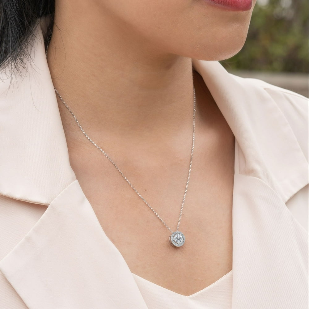 Cut Halo Pendant Necklace 18K White Gold over Silver