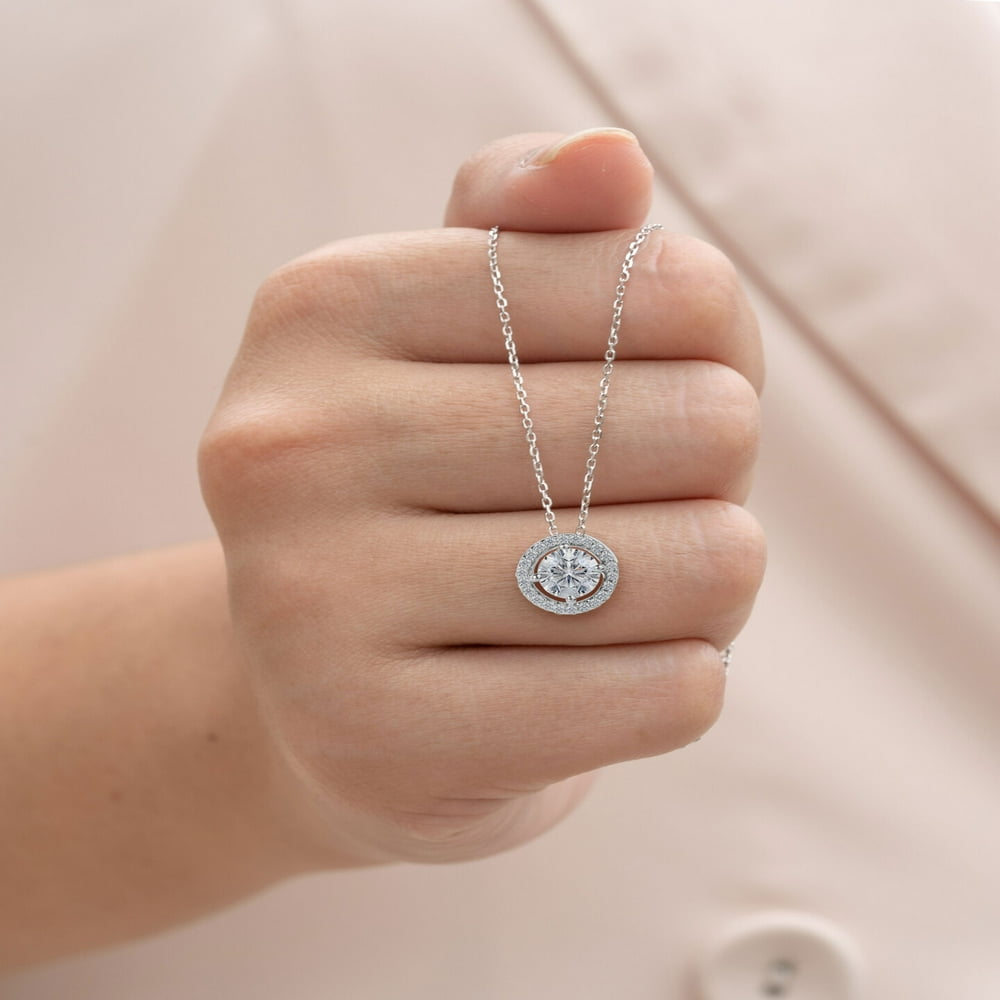 Cut Halo Pendant Necklace 18K White Gold over Silver