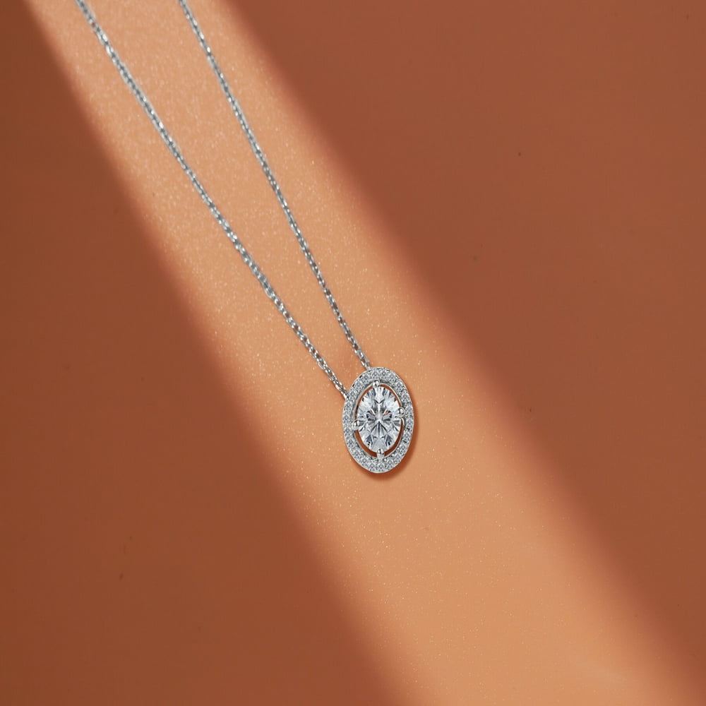 Cut Halo Pendant Necklace 18K White Gold over Silver