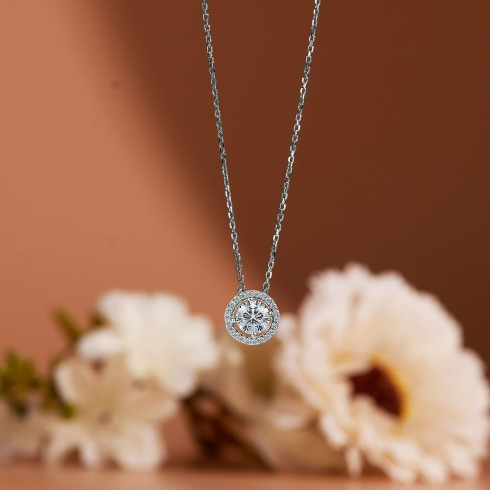 Cut Halo Pendant Necklace 18K White Gold over Silver