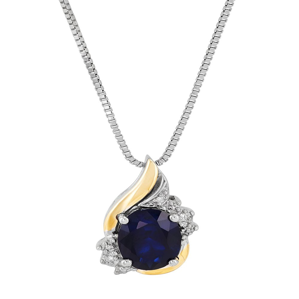 Brilliance Fine Jewelry Created Sapphire Diamond Accent Necklace in Sterling Silver and 10Kt Yellow Gold,18"