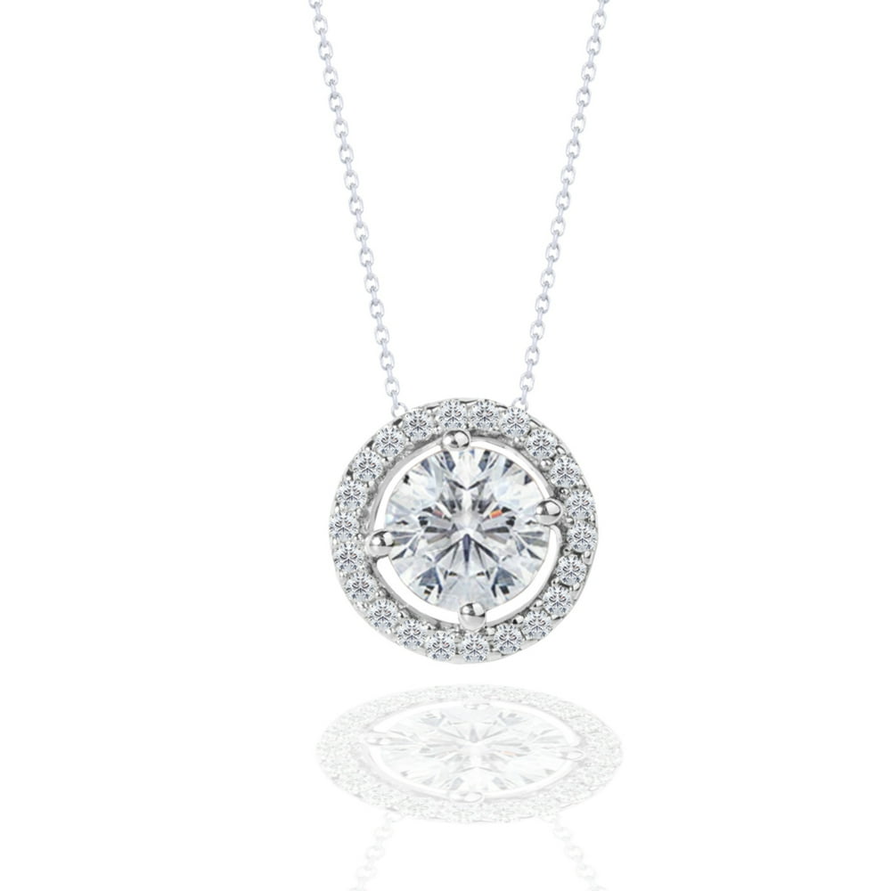 Cut Halo Pendant Necklace 18K White Gold over Silver