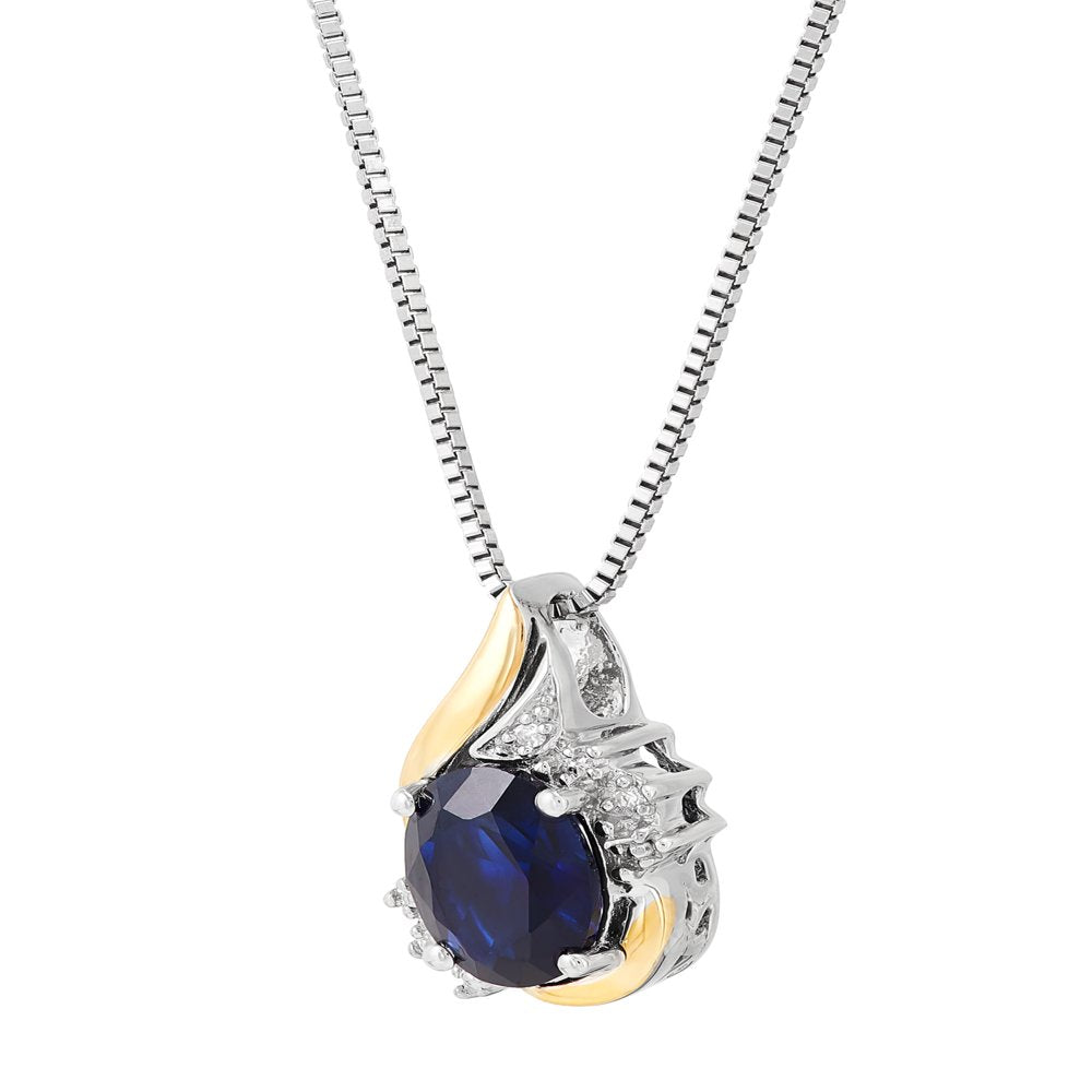 Brilliance Fine Jewelry Created Sapphire Diamond Accent Necklace in Sterling Silver and 10Kt Yellow Gold,18"