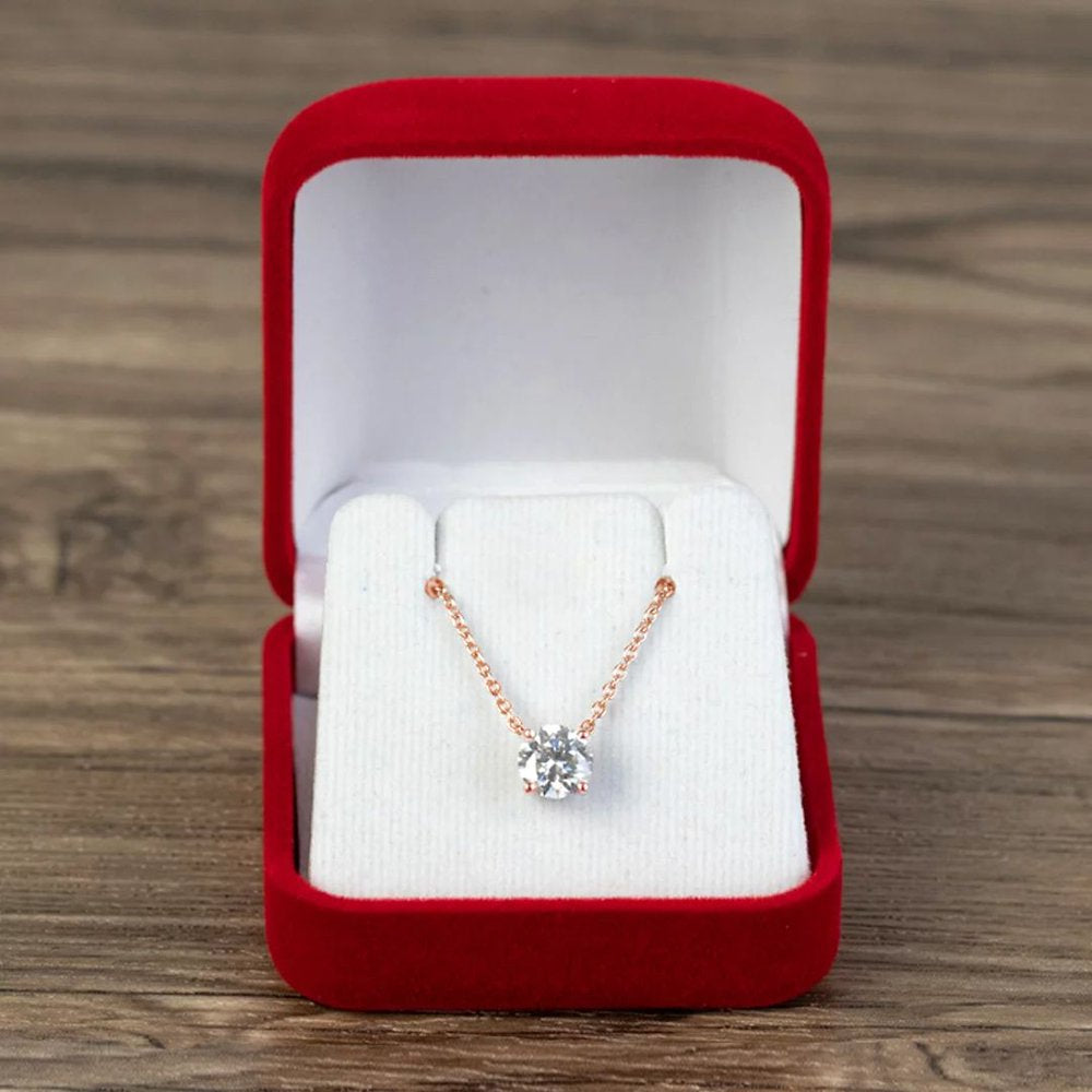 Beautiful 1 Carat Round Cut Real Moissanite Solitaire Pendant Necklace in 18K Rose Gold over Silver