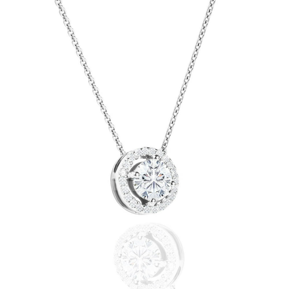 Cut Halo Pendant Necklace 18K White Gold over Silver